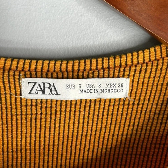 ZARA Ribbed Top Mustard Navy Ribbed Stretch Long Sleeve Textured Crew S - Picture 7 of 11